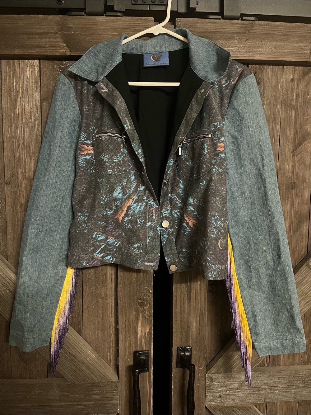 Fringe-Trim Mixed Denim Jacket in Light Blue and Multicolor